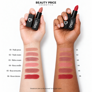 Guida ai colori 01–06 del Rossetto Matt Beauty Price Cosmetics: simulazione degli swatch su due incarnati
