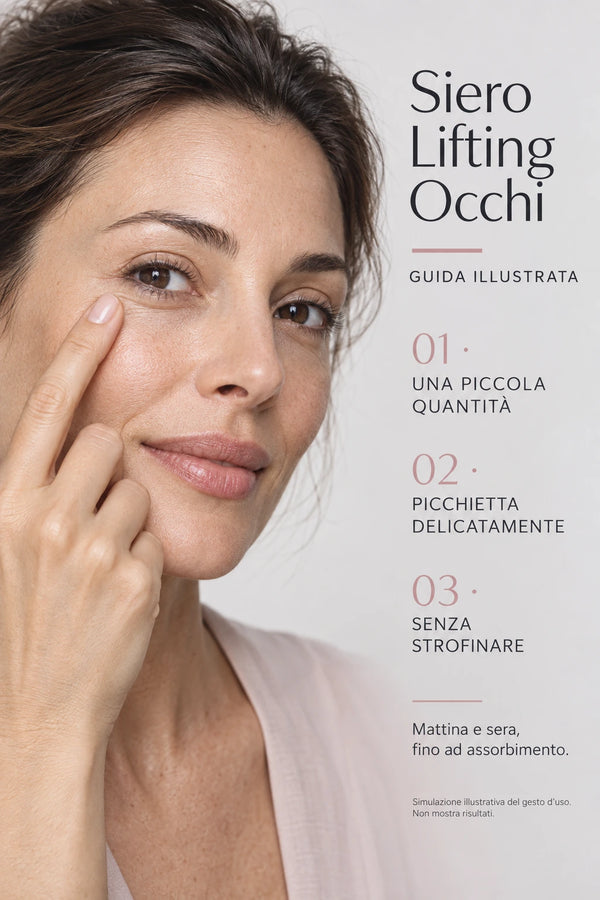 Siero Lifting Occhi BeautyVes — simulazione illustrativa del gesto d’uso: piccola quantità sul contorno occhi, picchiettata delicatamente fino ad assorbimento, senza strofinare; mattina e sera. Non mostra risultati.