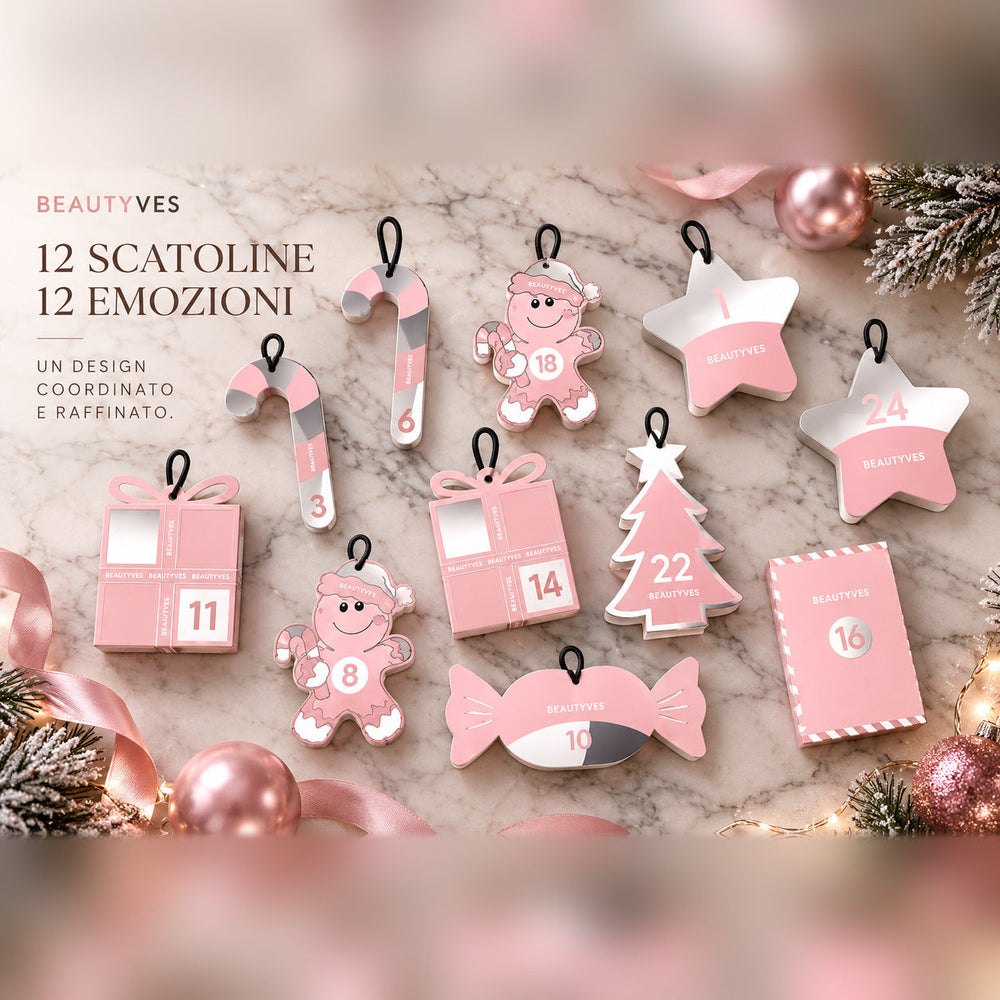 Calendario dell'Avvento Beauty 2026 BeautyVes: 12 scatoline numerate da appendere all'albero, design rosa e argento