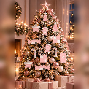 Calendario dell'Avvento Beauty 2026 appeso all'albero di Natale: decorazioni rosa con i numeri dei giorni di dicembre