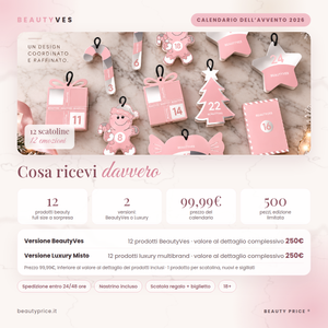 Cosa ricevi: 12 prodotti beauty full size a sorpresa, versione BeautyVes o Luxury Misto, valore al dettaglio 250€, prezzo 99,99€