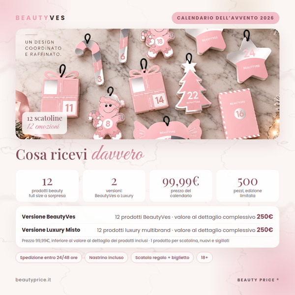 Cosa ricevi: 12 prodotti beauty full size a sorpresa, versione BeautyVes o Luxury Misto, valore al dettaglio 250€, prezzo 99,99€