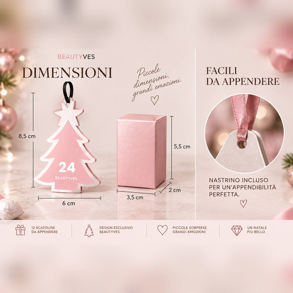 Dimensioni delle scatoline del Calendario dell'Avvento Beauty: alberello 8,5 x 6 cm, scatolina 5,5 x 3,5 x 2 cm, nastrino incluso