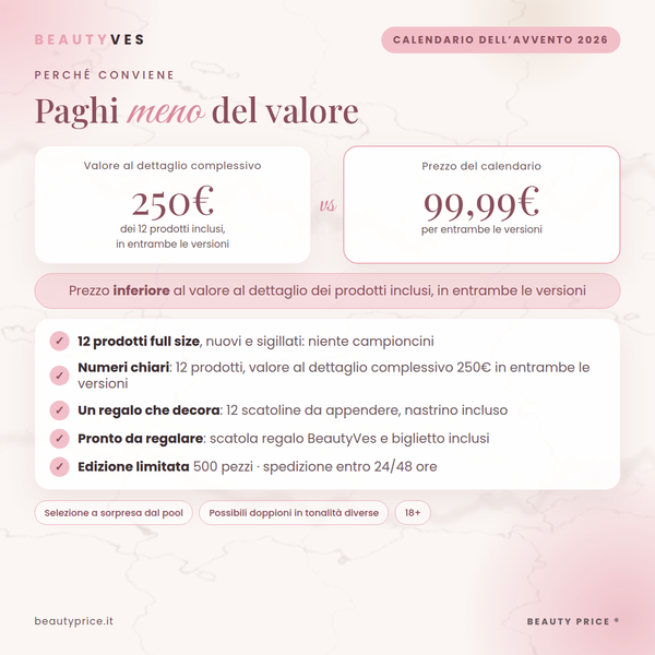 Perché conviene: 12 prodotti full size, valore al dettaglio complessivo 250€, prezzo 99,99€, spedizione in 24/48 ore