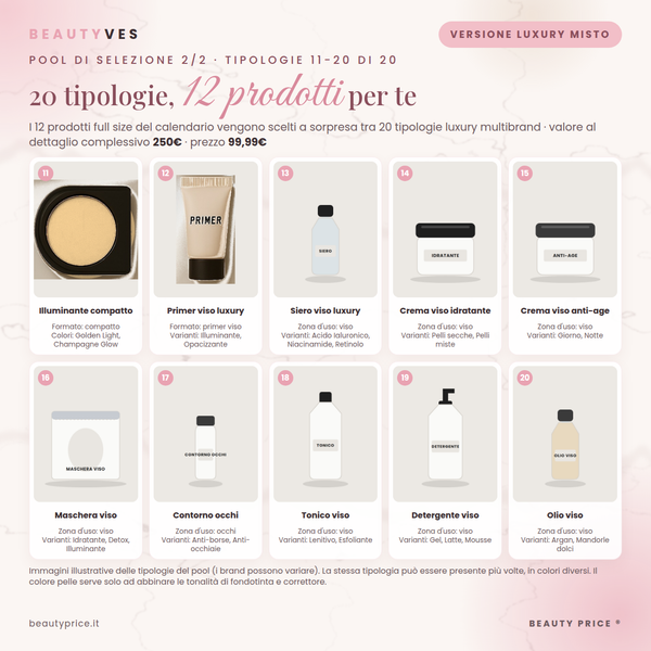 Versione Luxury Misto: pool di selezione, tipologie 11-20 (make up e skincare luxury multibrand)