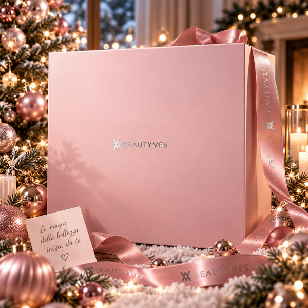 Scatola regalo rosa BeautyVes del Calendario dell'Avvento Beauty 2026 con biglietto: la magia della bellezza inizia da te