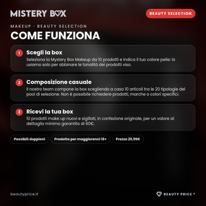Mystery Box Makeup Beauty Selection – 10 prodotti make up a sorpresa – come funziona: scegli la box, composizione casuale dal pool, ricevi 10 prodotti nuovi e sigillati