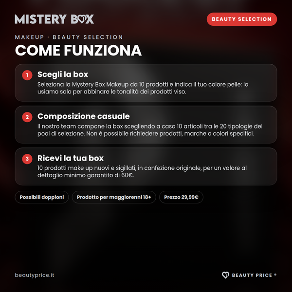 Mystery Box Makeup Beauty Selection – 10 prodotti make up a sorpresa – come funziona: scegli la box, composizione casuale dal pool, ricevi 10 prodotti nuovi e sigillati