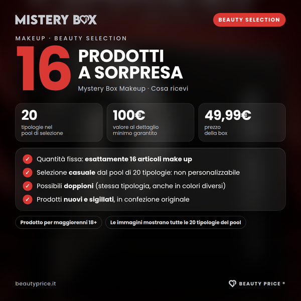Mystery Box Makeup Beauty Selection – 16 prodotti make up a sorpresa – cosa ricevi: esattamente 16 articoli, 20 tipologie nel pool, valore minimo 100€, prezzo 49,99€, possibili doppioni