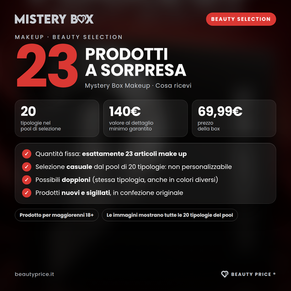 Mystery Box Makeup Beauty Selection – 23 prodotti make up a sorpresa – cosa ricevi: esattamente 23 articoli, 20 tipologie nel pool, valore minimo 140€, prezzo 69,99€, possibili doppioni
