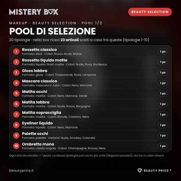Mystery Box Makeup Beauty Selection – 23 prodotti make up a sorpresa – pool di selezione, tipologie 1-10 con quantità, formato e varianti