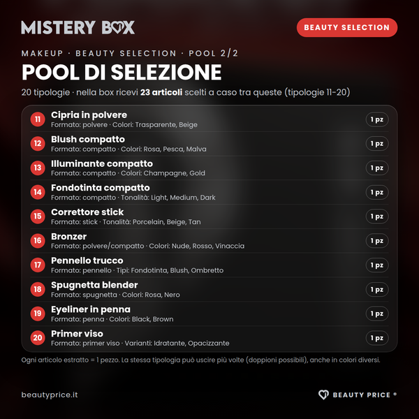 Mystery Box Makeup Beauty Selection – 23 prodotti make up a sorpresa – pool di selezione, tipologie 11-20 con quantità, formato e varianti