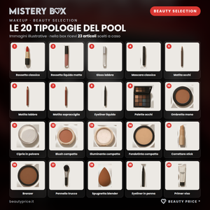 Mystery Box Makeup Beauty Selection – 23 prodotti make up a sorpresa – immagini illustrative delle 20 tipologie del pool; nella box ricevi 23 articoli