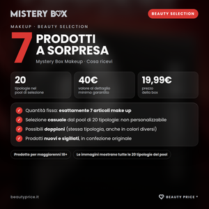 Mystery Box Makeup Beauty Selection – 7 prodotti make up a sorpresa – cosa ricevi: esattamente 7 articoli, 20 tipologie nel pool, valore minimo 40€, prezzo 19,99€, possibili doppioni