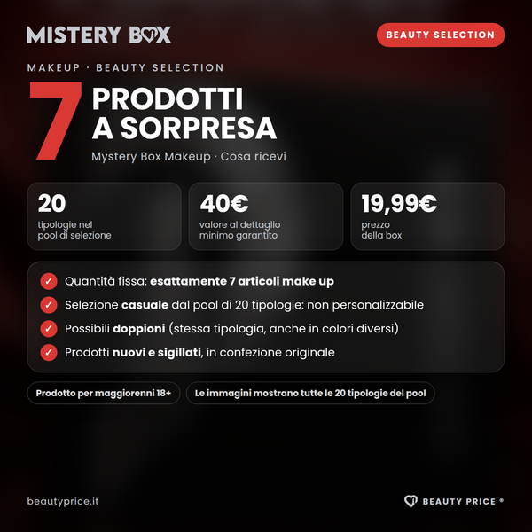 Mystery Box Makeup Beauty Selection – 7 prodotti make up a sorpresa – cosa ricevi: esattamente 7 articoli, 20 tipologie nel pool, valore minimo 40€, prezzo 19,99€, possibili doppioni