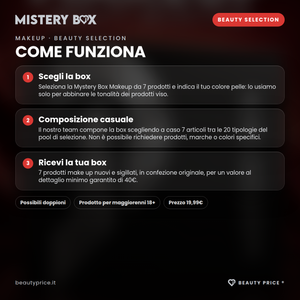 Mystery Box Makeup Beauty Selection – 7 prodotti make up a sorpresa – come funziona: scegli la box, composizione casuale dal pool, ricevi 7 prodotti nuovi e sigillati