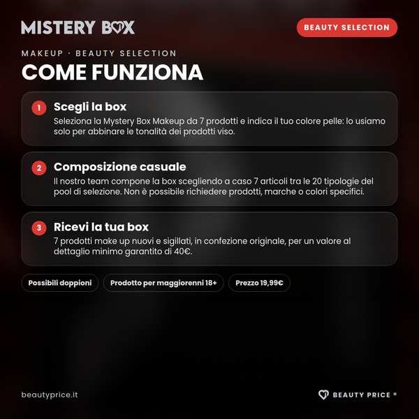 Mystery Box Makeup Beauty Selection – 7 prodotti make up a sorpresa – come funziona: scegli la box, composizione casuale dal pool, ricevi 7 prodotti nuovi e sigillati