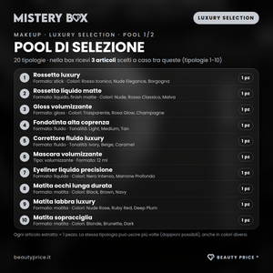Mystery Box Makeup Luxury Selection – 3 prodotti make up a sorpresa – pool di selezione, tipologie 1-10 con quantità, formato e varianti