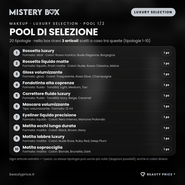 Mystery Box Makeup Luxury Selection – 3 prodotti make up a sorpresa – pool di selezione, tipologie 1-10 con quantità, formato e varianti