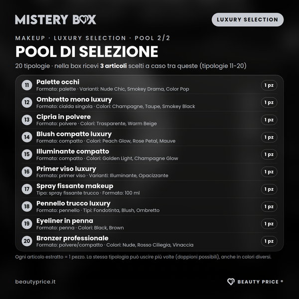 Mystery Box Makeup Luxury Selection – 3 prodotti make up a sorpresa – pool di selezione, tipologie 11-20 con quantità, formato e varianti