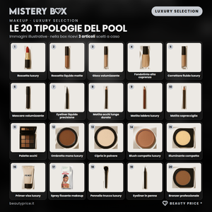 Mystery Box Makeup Luxury Selection – 3 prodotti make up a sorpresa – immagini illustrative delle 20 tipologie del pool; nella box ricevi 3 articoli