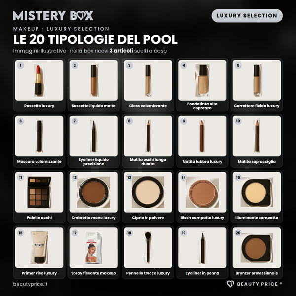 Mystery Box Makeup Luxury Selection – 3 prodotti make up a sorpresa – immagini illustrative delle 20 tipologie del pool; nella box ricevi 3 articoli