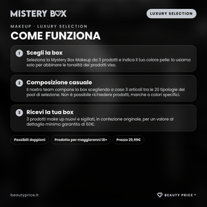 Mystery Box Makeup Luxury Selection – 3 prodotti make up a sorpresa – come funziona: scegli la box, composizione casuale dal pool, ricevi 3 prodotti nuovi e sigillati