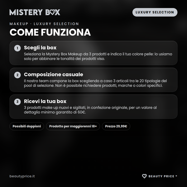 Mystery Box Makeup Luxury Selection – 3 prodotti make up a sorpresa – come funziona: scegli la box, composizione casuale dal pool, ricevi 3 prodotti nuovi e sigillati