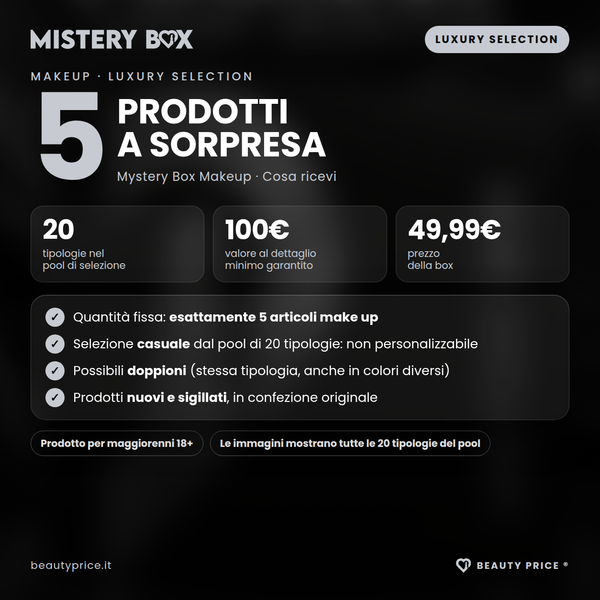 Mystery Box Makeup Luxury Selection – 5 prodotti make up a sorpresa – cosa ricevi: esattamente 5 articoli, 20 tipologie nel pool, valore minimo 100€, prezzo 49,99€, possibili doppioni