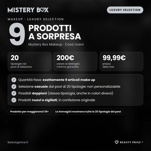 Mystery Box Makeup Luxury Selection – 9 prodotti make up a sorpresa – cosa ricevi: esattamente 9 articoli, 20 tipologie nel pool, valore minimo 200€, prezzo 99,99€, possibili doppioni