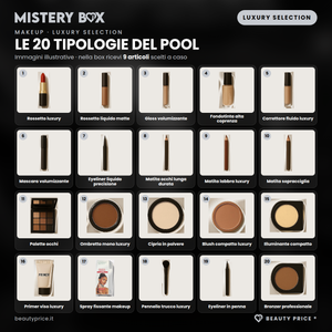 Mystery Box Makeup Luxury Selection – 9 prodotti make up a sorpresa – immagini illustrative delle 20 tipologie del pool; nella box ricevi 9 articoli