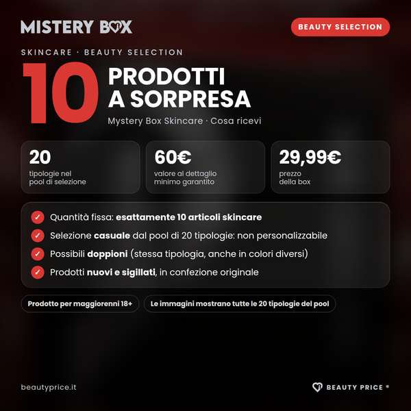 Mystery Box Skincare Beauty Selection – 10 prodotti skincare a sorpresa – cosa ricevi: esattamente 10 articoli, 20 tipologie nel pool, valore minimo 60€, prezzo 29,99€, possibili doppioni