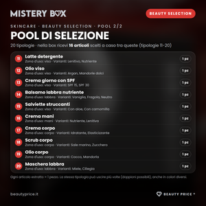 Mystery Box Skincare Beauty Selection – 16 prodotti skincare a sorpresa – pool di selezione, tipologie 11-20 con quantità, formato e varianti