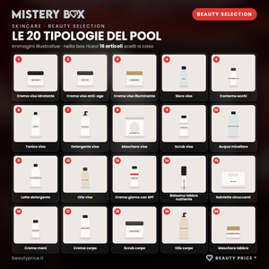 Mystery Box Skincare Beauty Selection – 16 prodotti skincare a sorpresa – immagini illustrative delle 20 tipologie del pool; nella box ricevi 16 articoli