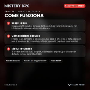 Mystery Box Skincare Beauty Selection – 16 prodotti skincare a sorpresa – come funziona: scegli la box, composizione casuale dal pool, ricevi 16 prodotti nuovi e sigillati