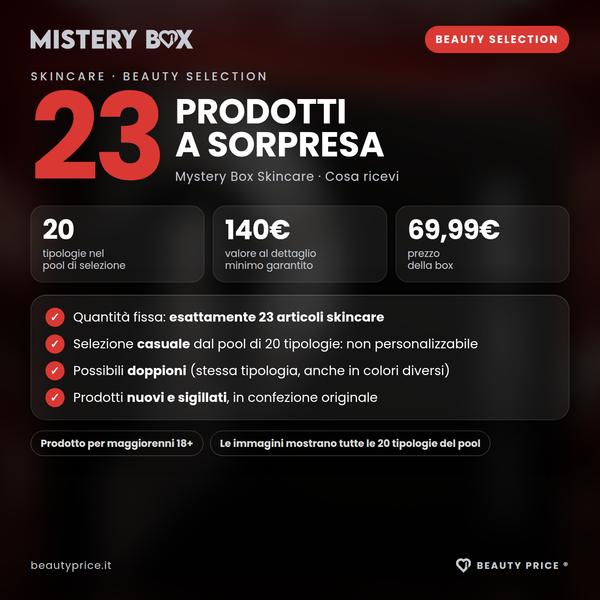 Mystery Box Skincare Beauty Selection – 23 prodotti skincare a sorpresa – cosa ricevi: esattamente 23 articoli, 20 tipologie nel pool, valore minimo 140€, prezzo 69,99€, possibili doppioni