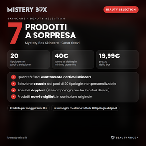 Mystery Box Skincare Beauty Selection – 7 prodotti skincare a sorpresa – cosa ricevi: esattamente 7 articoli, 20 tipologie nel pool, valore minimo 40€, prezzo 19,99€, possibili doppioni