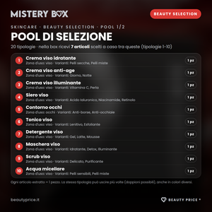 Mystery Box Skincare Beauty Selection – 7 prodotti skincare a sorpresa – pool di selezione, tipologie 1-10 con quantità, formato e varianti