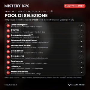Mystery Box Skincare Beauty Selection – 7 prodotti skincare a sorpresa – pool di selezione, tipologie 11-20 con quantità, formato e varianti