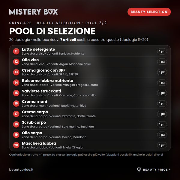 Mystery Box Skincare Beauty Selection – 7 prodotti skincare a sorpresa – pool di selezione, tipologie 11-20 con quantità, formato e varianti