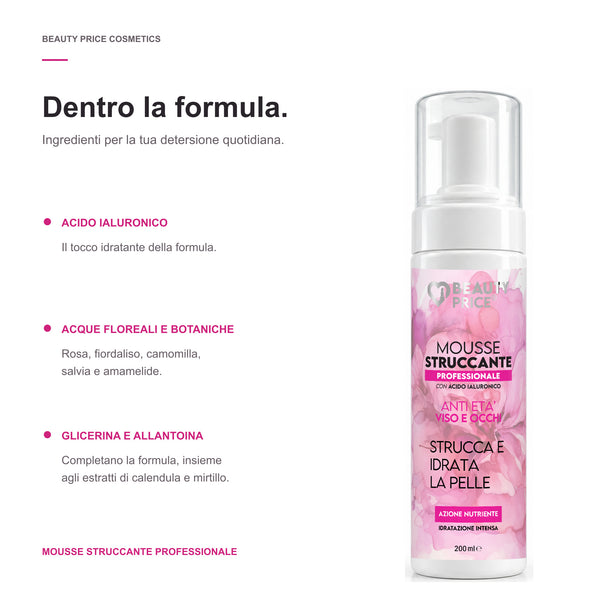 Ingredienti della mousse struccante: acido ialuronico, acque floreali, glicerina e allantoina