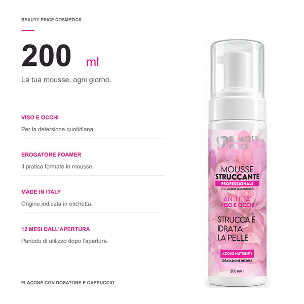 Mousse struccante Beauty Price Cosmetics 200 ml, dosatore foamer, Made in Italy e PAO 12 mesi