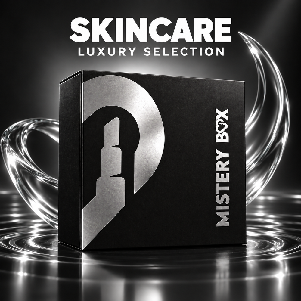 Mystery Box Skincare Luxury Selection, scatola nera chiusa con stampa argento in una scenografia nera, grafite e argento; contenuto non mostrato.