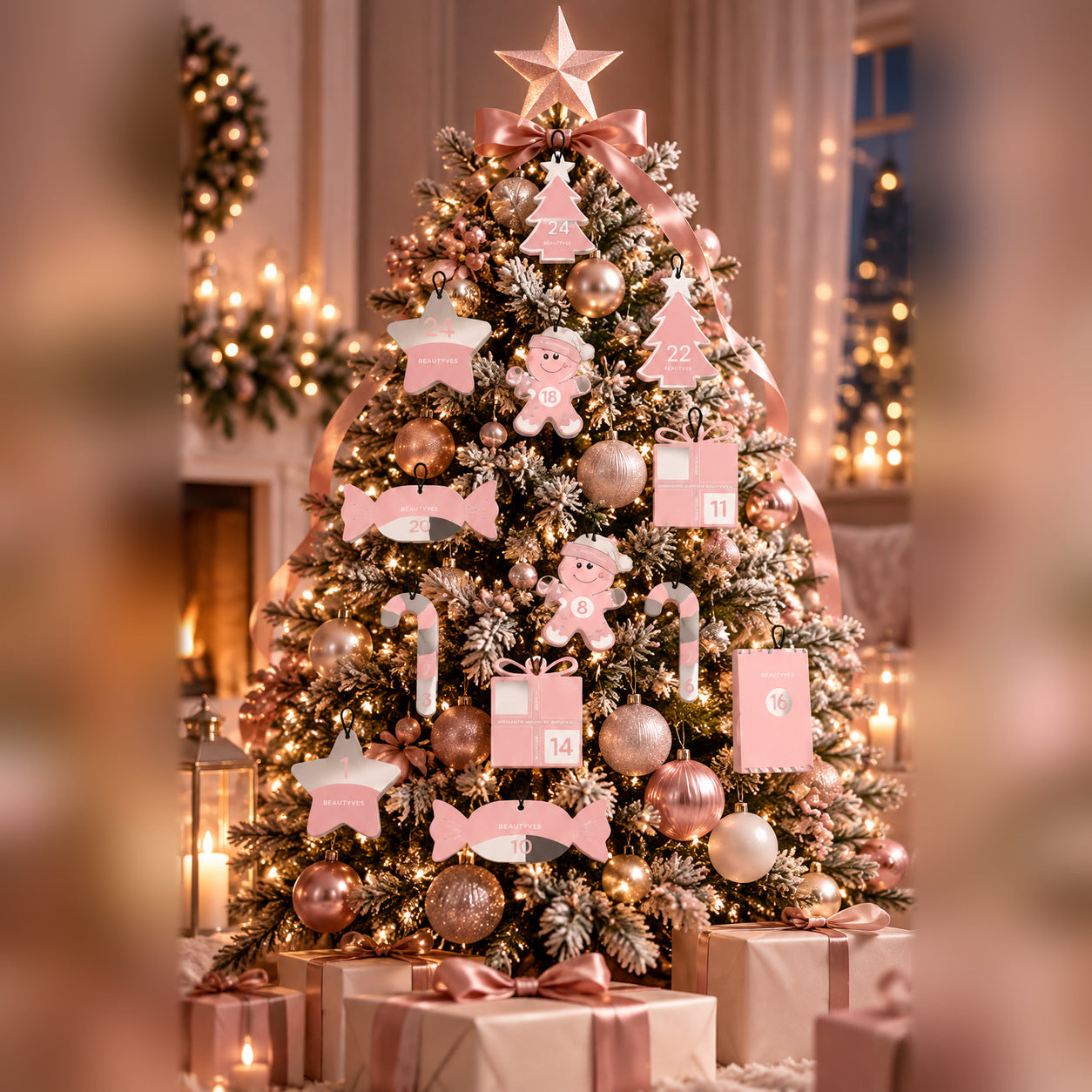Scatoline del Calendario dell'Avvento Beauty appese all'albero